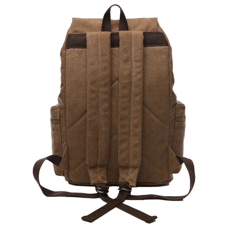 Canvas travel backpack in solid colour with sewing line details, capacity below 20L