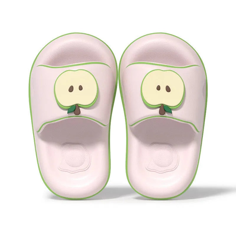 Cute cartoon flip flops for men and women in red, blue, cyan, pink made from EVA material, side view