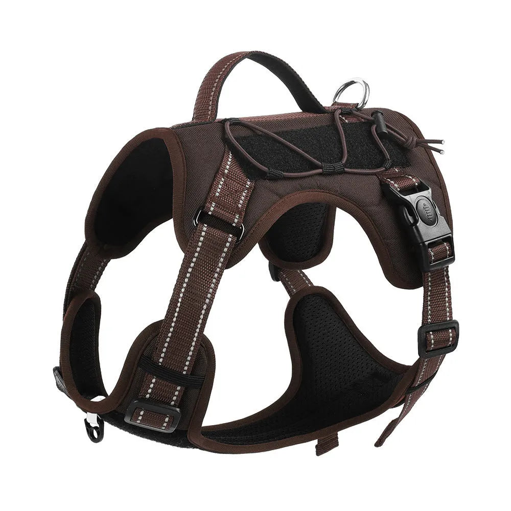 Orange reflective dog vest harness with a black detachable hand-holding rope laid flat.