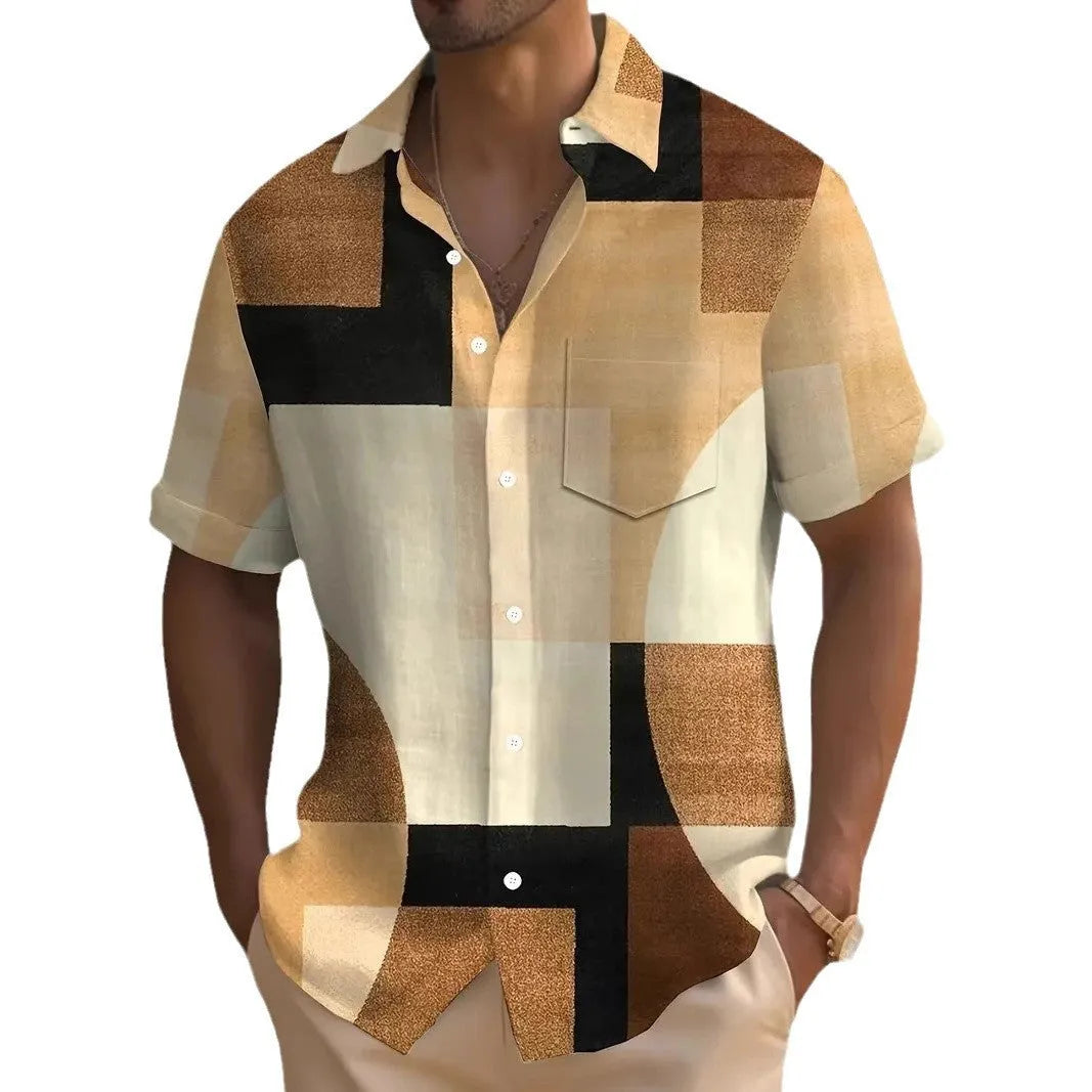 Men's geometric print cardigan shirt with 3D contrast squares in loose fit short sleeve design
