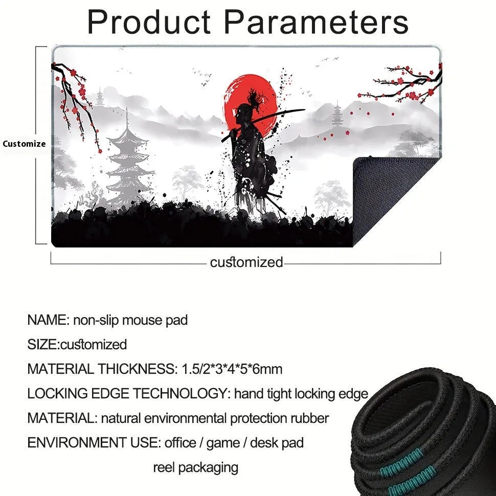 Large black gaming mouse pad with Japanese samurai warrior print and non-slip rubber base on a wooden desk.