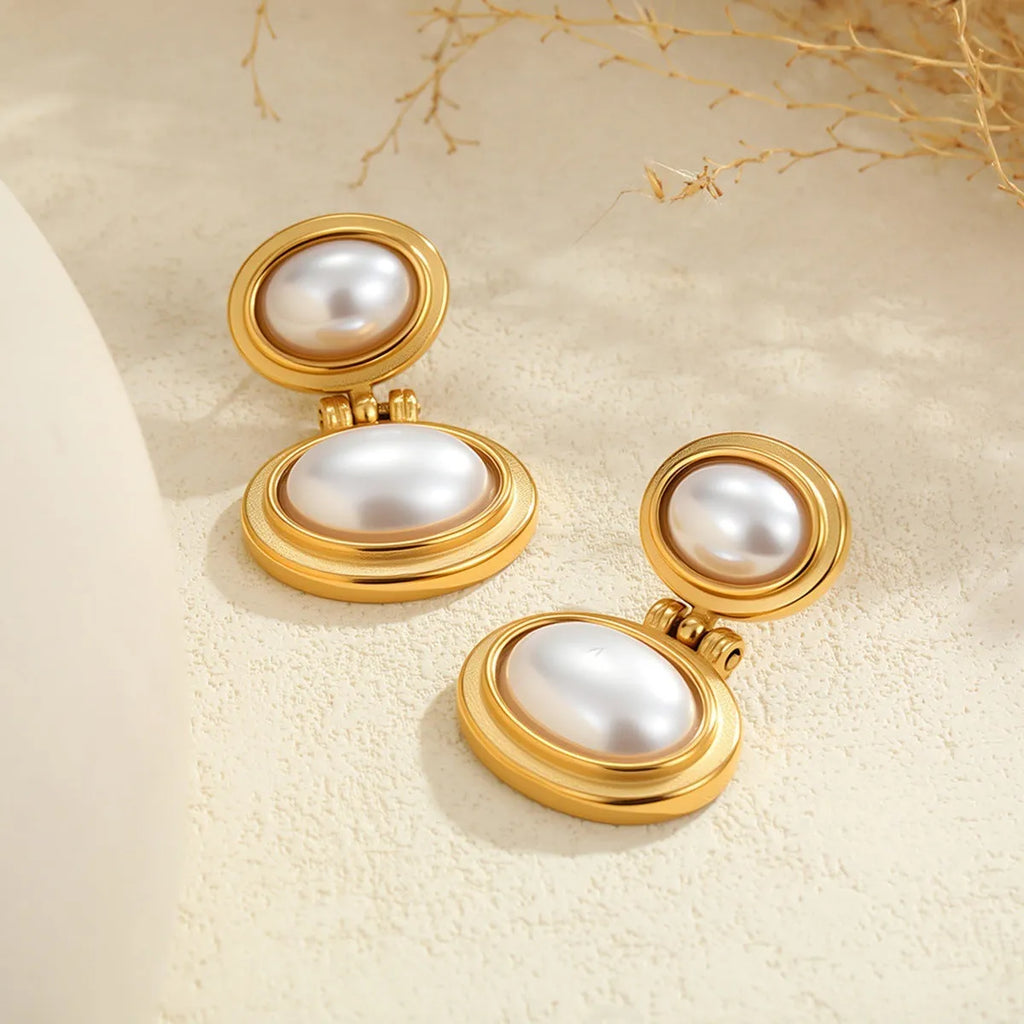 French retro stainless steel earrings with 18K marking, pearl and geometric ellipse shape, colour NMSE-J725-4