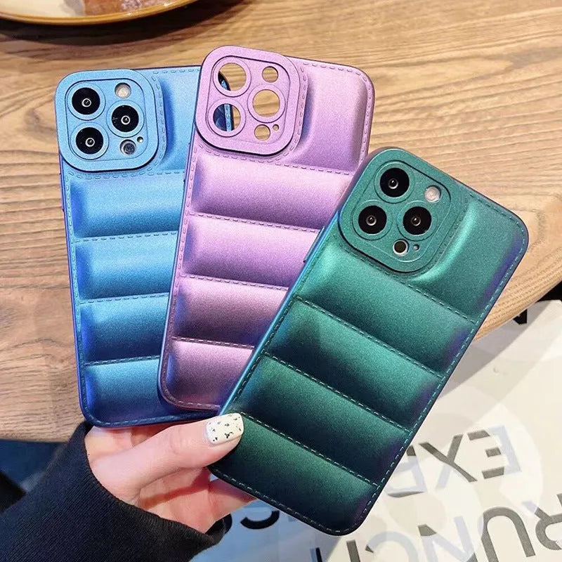 Silicone down jacket phone case for iPhone in laser green, blue, or purple with frosted finish