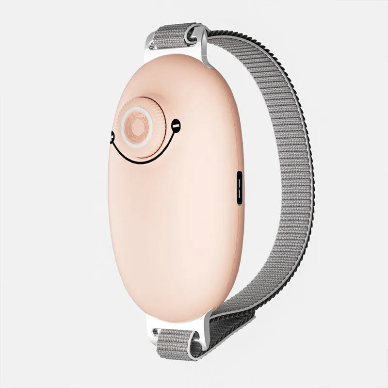 Portable smart sleeping aid instrument with ABS stainless steel body in white, pink, and green colours showing the device and webbing strap