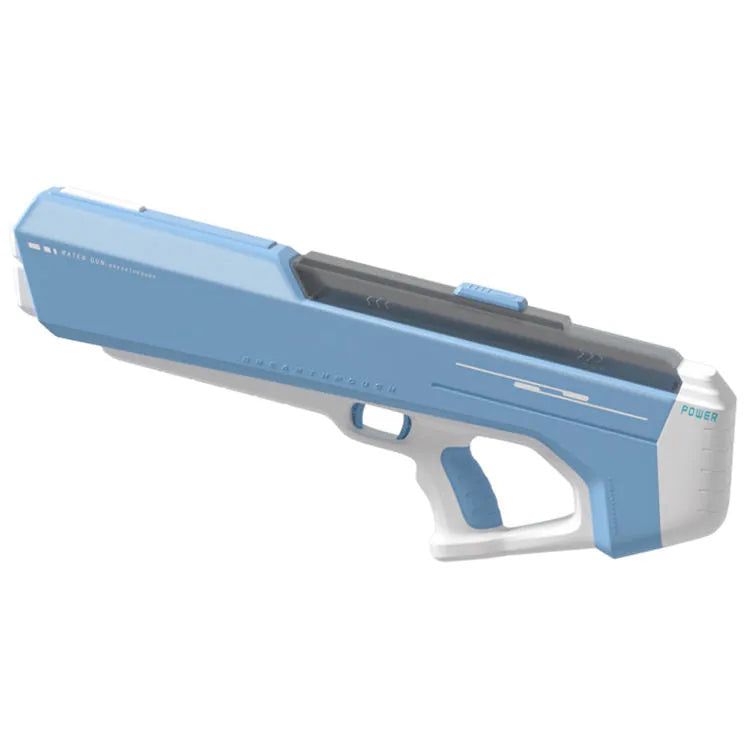 Fully electric water gun toy in sky blue with trigger handle and ABS plastic body on outdoor grass background