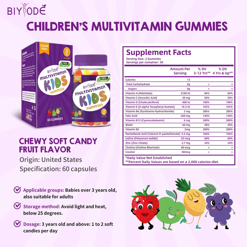 Bottle of 60 kids multivitamin gummies with multivitamin label for children's growth support private label