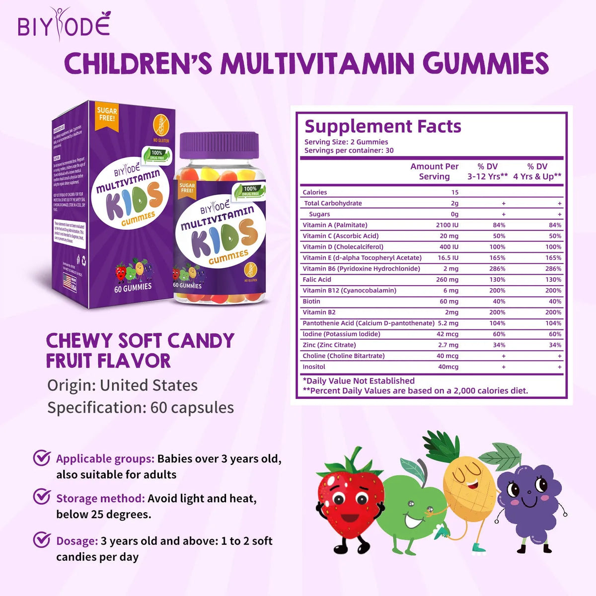 Bottle of 60 kids multivitamin gummies with multivitamin label for children's growth support private label