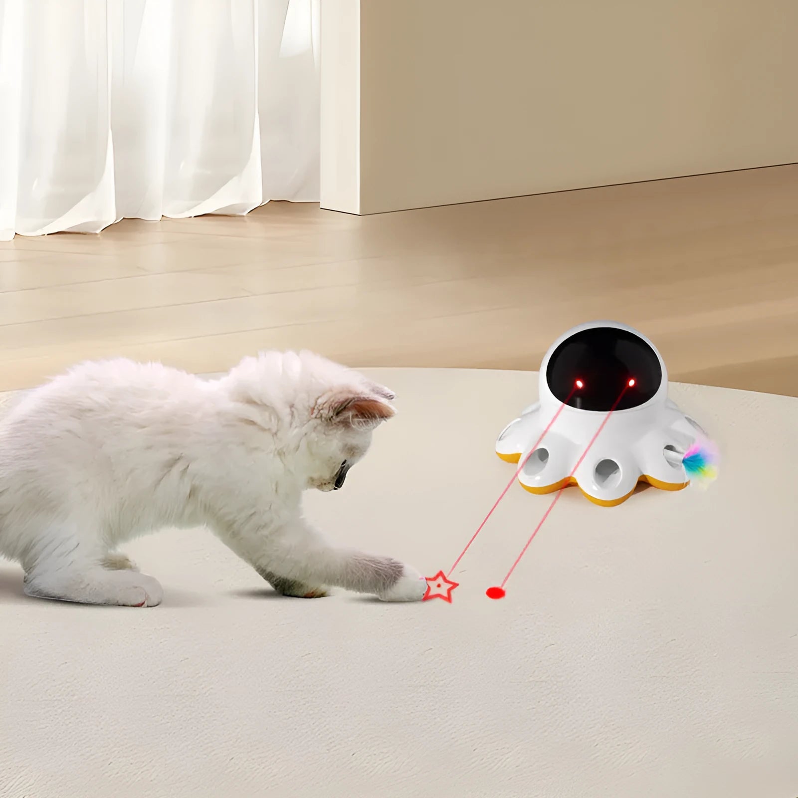 Automatic electric cat teaser toy with rotating shiny feathers in ABS plastic construction