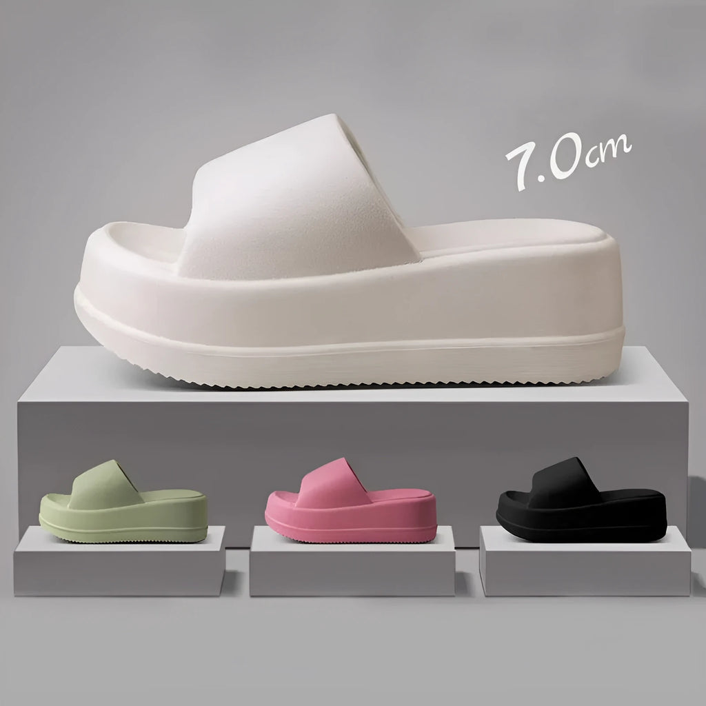 Women's solid colour 7cm high heel flat slippers in black, rose red, and white with round toe and EVA sole