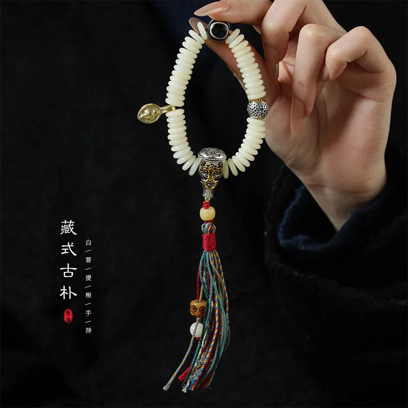 White Bodhi seed bracelet and handheld meditation piece with 3mm beads