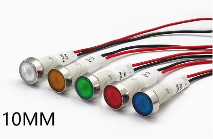 10mm plastic indicator light with stainless steel edge and wire leads in assorted colours.