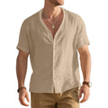 Men's loose bamboo imitation linen short-sleeved Henley shirt in solid colour, front view