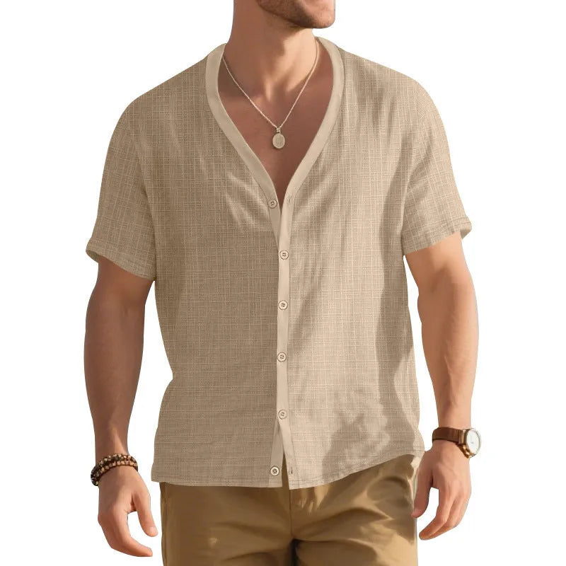 Men's loose bamboo imitation linen short-sleeved Henley shirt in solid colour, front view