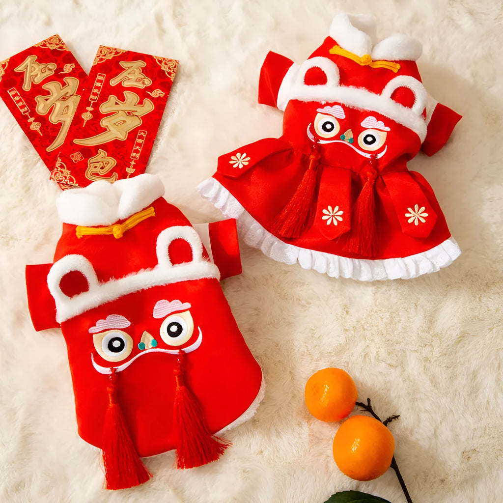 Red Lion Dance pet Tang suit with embroidery for dogs and cats, cotton-padded, sizes S to XXL