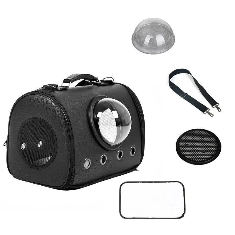 Leather cat bag space capsule in Classic Black, large capacity, with diagonal strap, for cats up to 12 catties