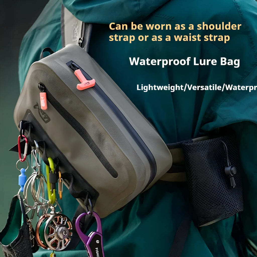 Pool Blade waterproof lure outdoor fishing bag in TPU fabric rucksack style, side view on natural background