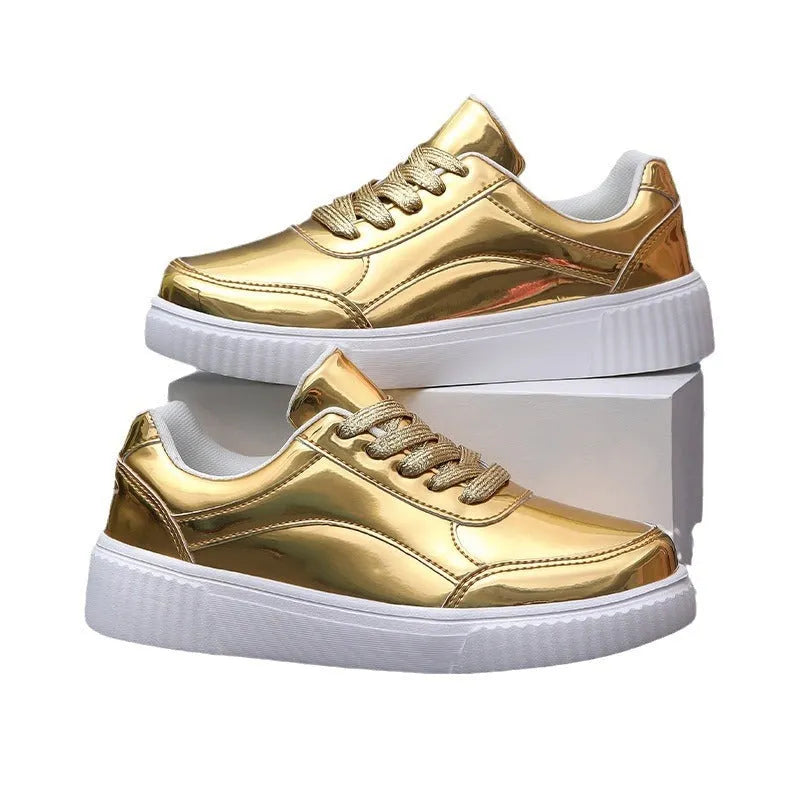 Rose gold sequinned platform sneakers with a thick MD sole and round toe on a white background.