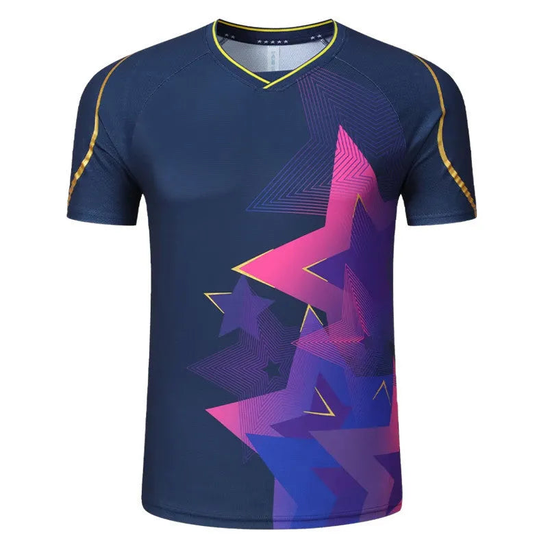 Men's and women's sapphire blue badminton sports suit with short-sleeved top and trousers.