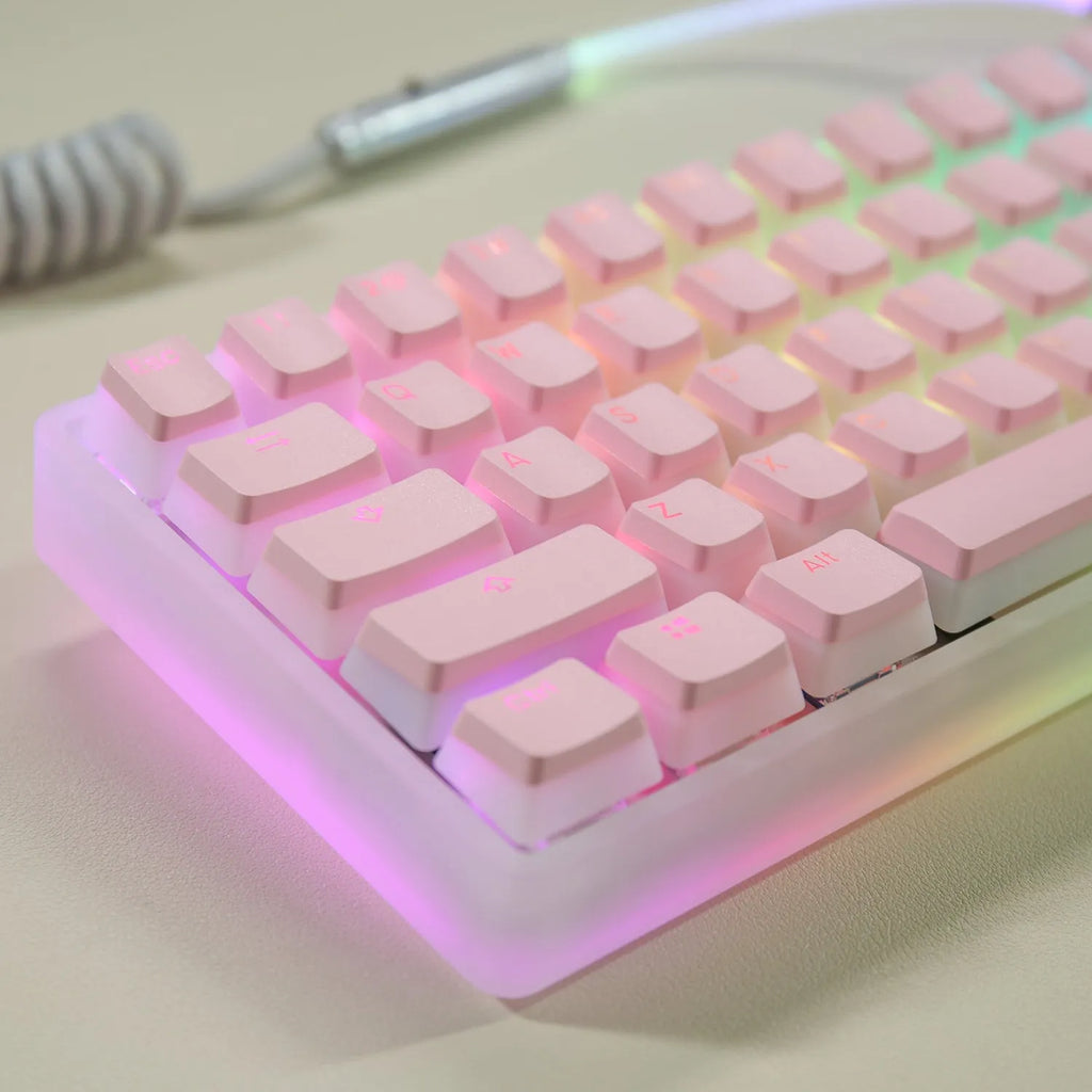 Double Skin Milk Pudding Transparent PBT key cap set in pink colour for mechanical keyboards with RGB backlighting