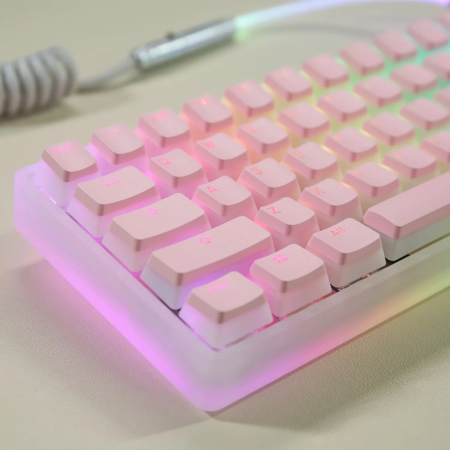 Double Skin Milk Pudding Transparent PBT key cap set in pink colour for mechanical keyboards with RGB backlighting