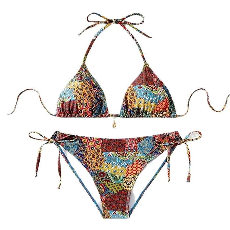 Women's printed polyester bikini beach swimsuit set with brief bottoms in sizes S M L XL