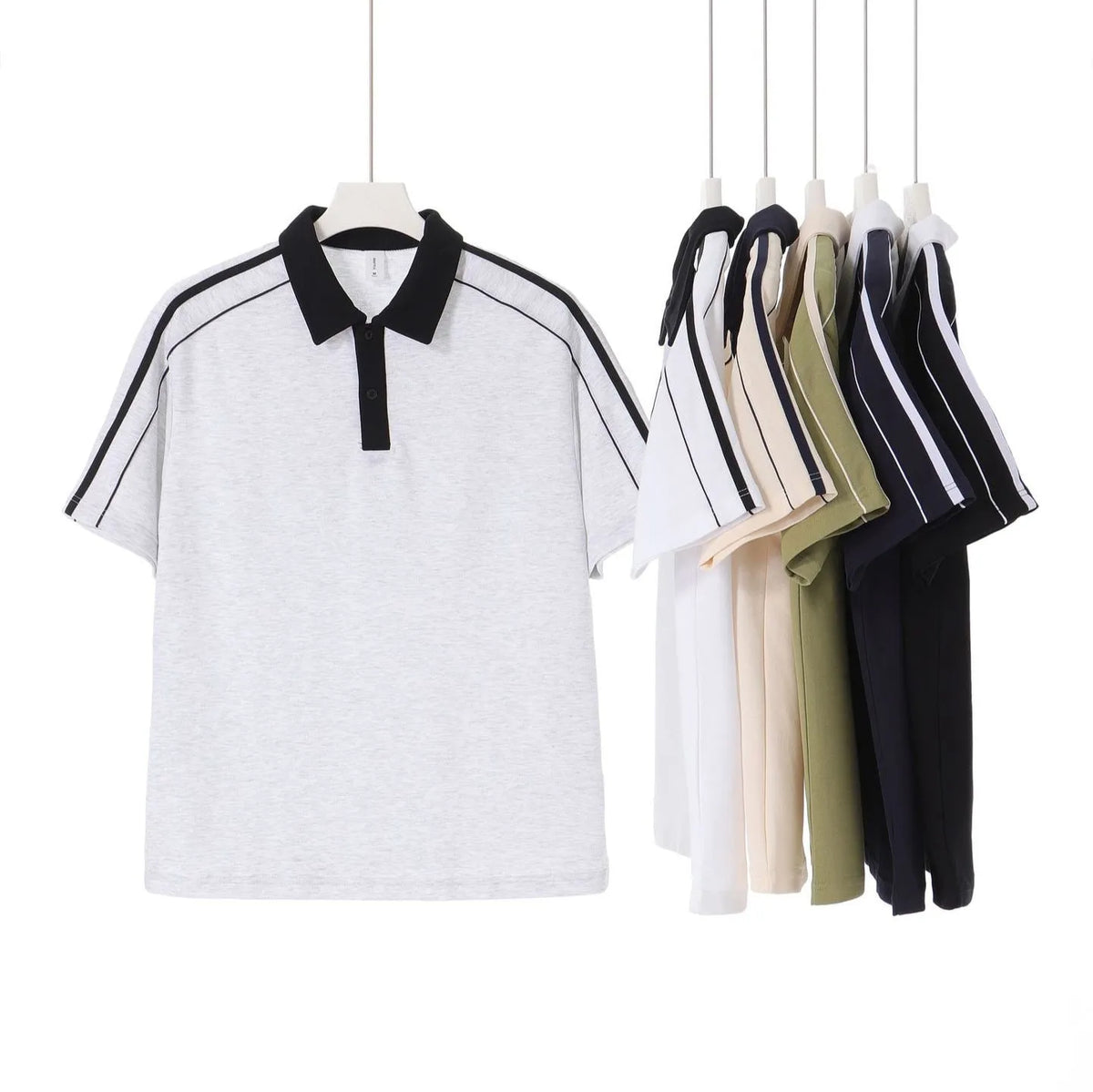 Casual lapel short sleeve t-shirt, loose cotton blend drop shoulder polo shirt in two-tone colour, sizes S to 3XL