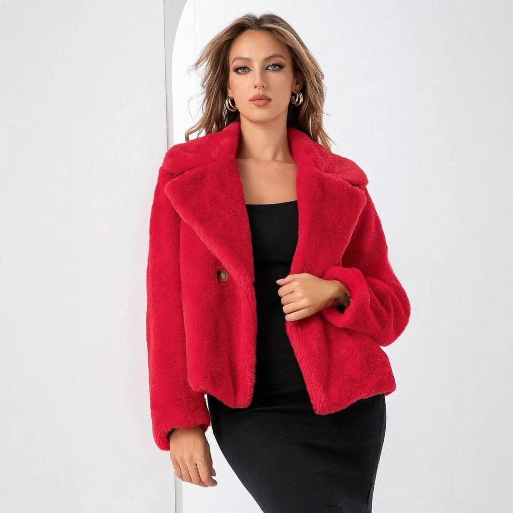 A rose red women's loose short coat made from soft artificial fur with regular sleeves.