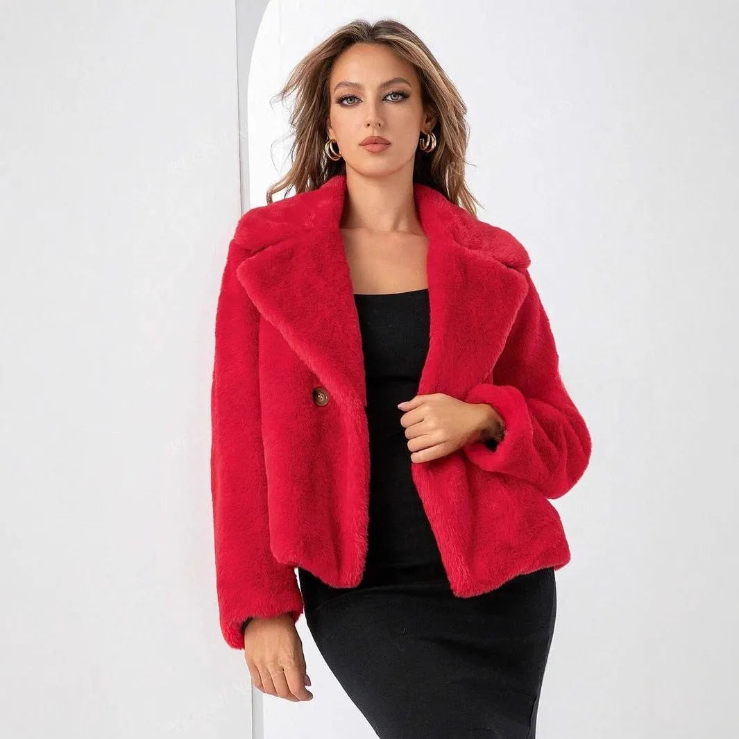 A rose red women's loose short coat made from soft artificial fur with regular sleeves.