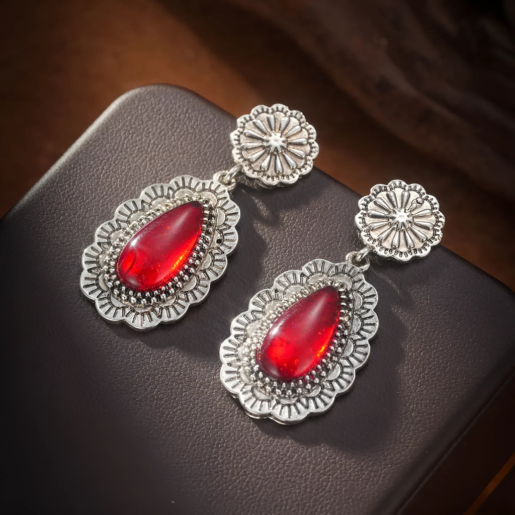 Alloy retro bohemian carved ruby drop earrings for women in colour 10505