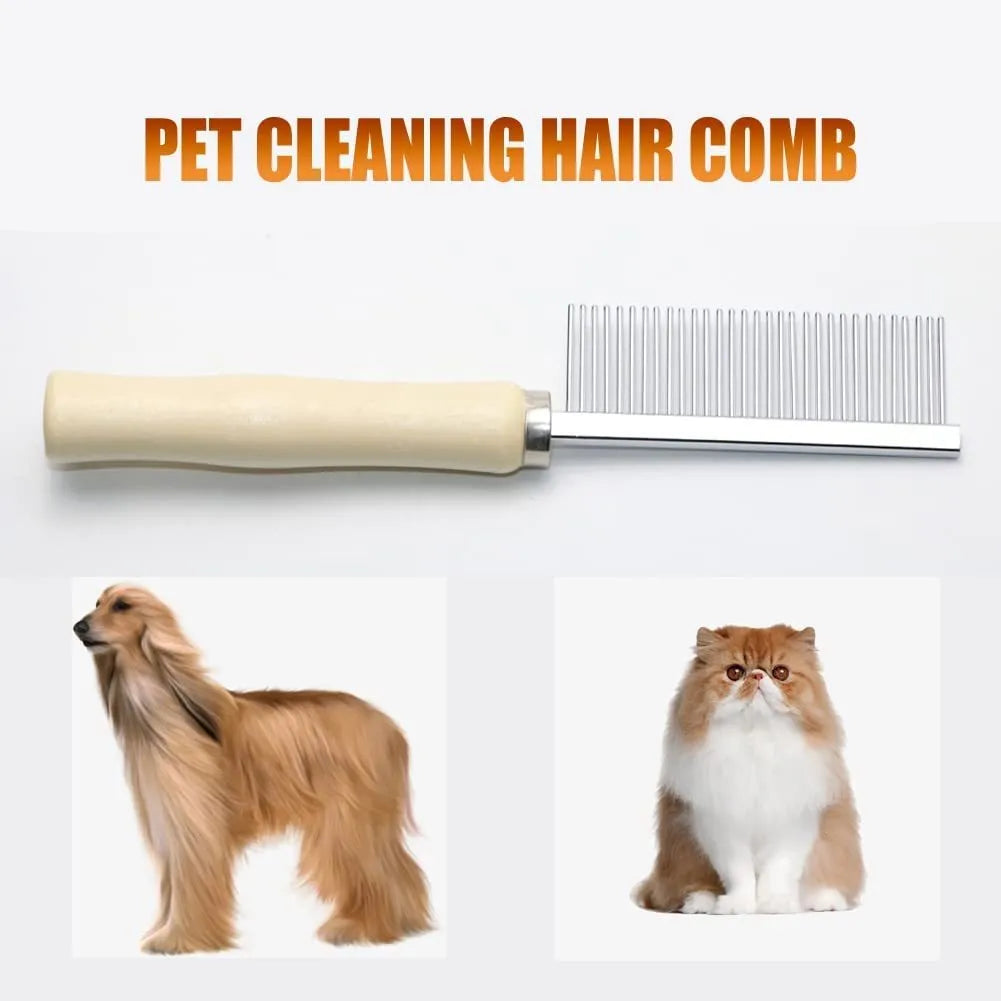 Wooden handle pet grooming comb for dogs and cats on a white background.